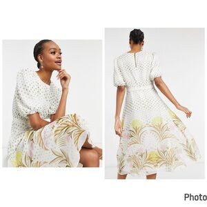 Ted Baker Cream and Gold Patterned Midi Dress